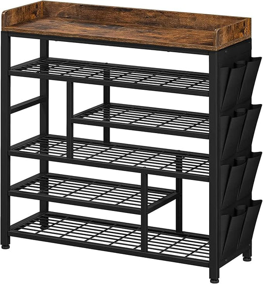 EnHomee Metal Shoe Rack for Entryway, 6 Tier Shoe Storage Organizer Holds 22 Pairs, Wooden Top and Side Pocket for Entry, Entrance, Hallway, Black