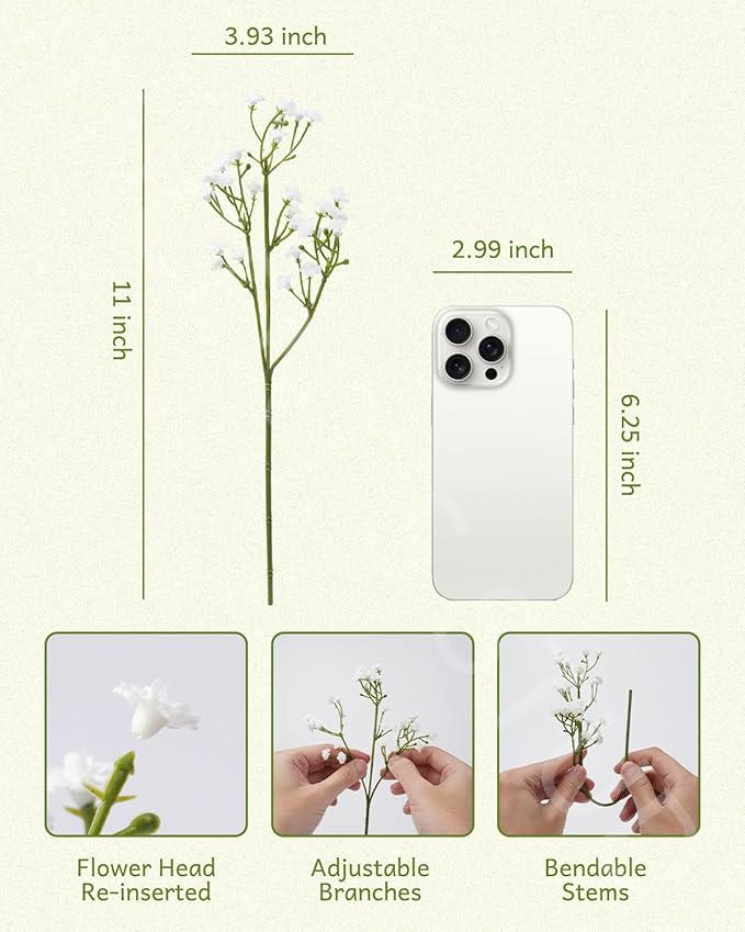 Babys Breath Artificial Flowers, 48Pcs Fake Baby Breath Flowers Artificial Bulk 11inch White Faux Gypsophila Real Touch Flowers for Outdoors Wedding DIY Bouquet Arrangement Home Garden Decor