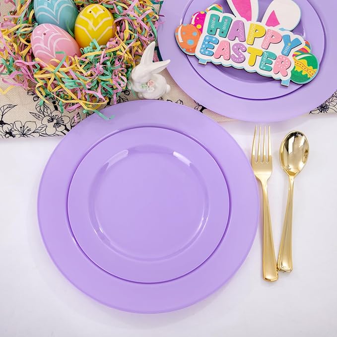 FLOWERCAT 60PCS Easter Plates - Purple Plastic Plates - Heavy Duty Purple Plates Disposable for Easter Party/Wedding - Include 30PCS 10.25" Purple Dinner Plates and 30PCS 7.5" Purple Dessert Plates