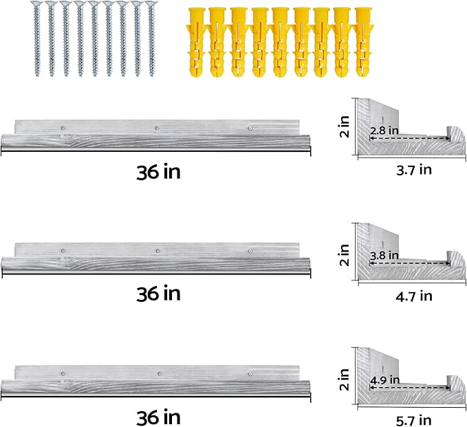 Annecy Floating Shelves Wall Mounted Set of 3, 36 Inch Grey Solid Wood Shelves for Wall, Wall Storage Shelves with Guardrail Design for Bedroom, Bathroom, Kitchen, Office, 3 Different Sizes