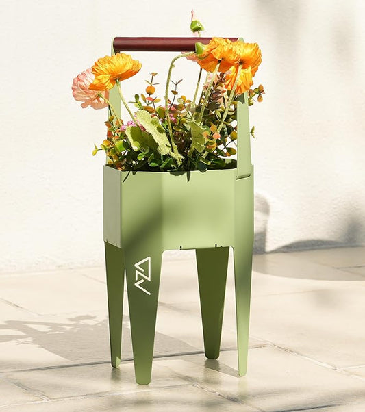 Planter with Stand, Metal 2 in 1 Portable Planter with Grow Bags & Handle, Stable Stylish Indoor Plant Pots with Stand, Modern Flower Pots Outdoor, 7.5'' x 17.3'', Green, Plant Not Included