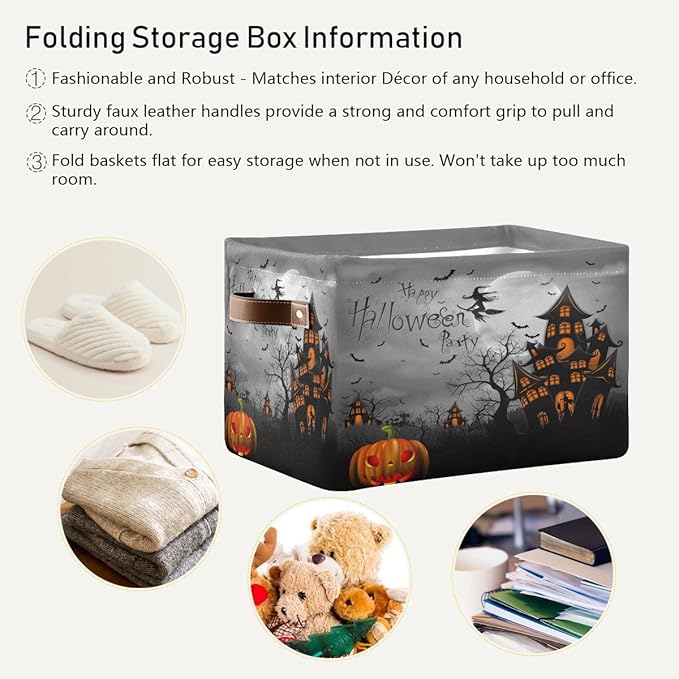 Halloween Spooky Witch Castle Storage Basket Fabric Kitchen Baskets Black Bat Ghost Pumpkin Open Home Storage Bins Boxes Foldable for Candy Toy Decorations Baskets 16×12×8 Inches