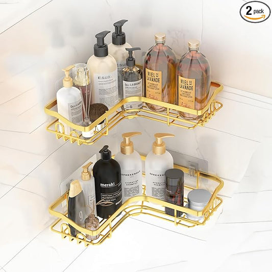 Gold Corner Adhesive Shower Caddy，Rustproof Stainless Steel Corner Shower Shelves for Bathroom Kitchen, No Drilling Wall Mounted Shower Rack for Inside Shower, 2 Pack
