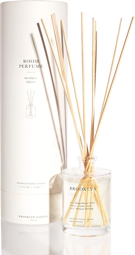 Brooklyn Candle Studio Reed Scent Diffuser - Brooklyn - Relaxing Oil Diffuser, Sage, Cassis & Orange Blossom Fragrance, 8 Rattan Diffuser Reeds, Clean Ingredients - 4.4oz