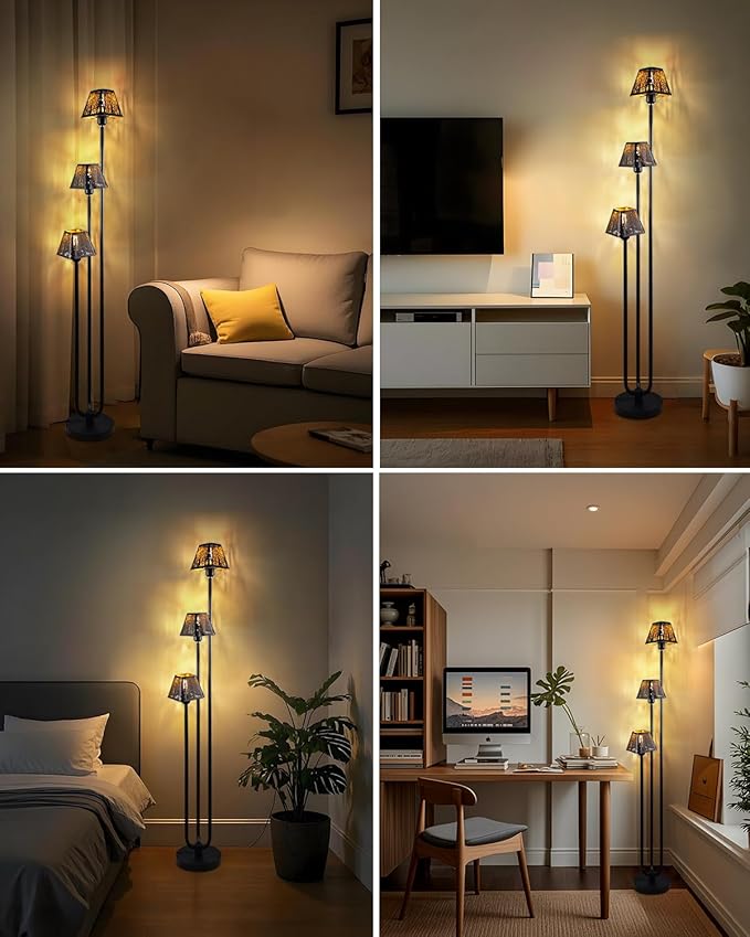 63IN Black Floor Lamp, Unique 3 Poles Tall Standing Lamps with Metal Shade, 3000K Warmwhite Mid Century Modern Floor Lamp for Living Room Home Office(Bulbs Included)