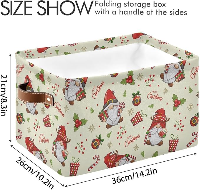 Merry Christmas Gnomes Storage Basket Fabric Kitchen Baskets Winter Candy Cane Bells Xmas Open Home Storage Bins Boxes Foldable Organizer Bag for Toy Book Shelf Closet Baskets 16×12×8 Inches