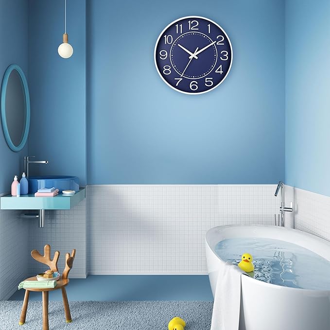HZDHCLH Modern Wall Clocks Battery Operated,10 inch Navy Blue Clock for Wall,Silent Small Wall Clock for Living Room Bedroom Kitchen Office Nursery Decor