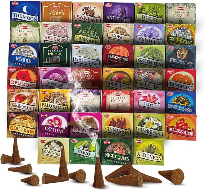Hem Incense Cones Variety Pack of 12 Randomly Selected Fragrances and Incense Cone Holder Bundle Total 120 Cones