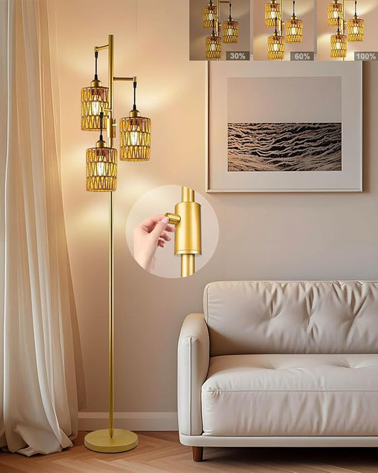 Lightdot 67" Dimmable Floor Lamp for Living Room, Industrial 3-Light Tree Floor Lamp with Gold Rattan Cages, Bohemian Tall Standing Lamps, Modern Floor Lighting for Bedroom Office, E26 Base