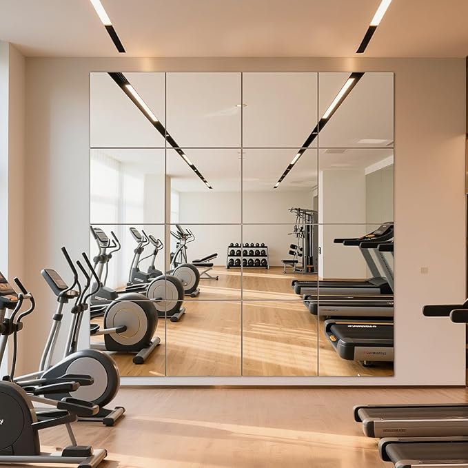 12" x 12" 16Pcs Full Length Wall Mirror Tiles, Frameless Wall Mounted Mirror Glass Wall Peel and Stick Mirror for Home Gym, Door, Bedroom, Living Room (12" x 12"-16PCS)