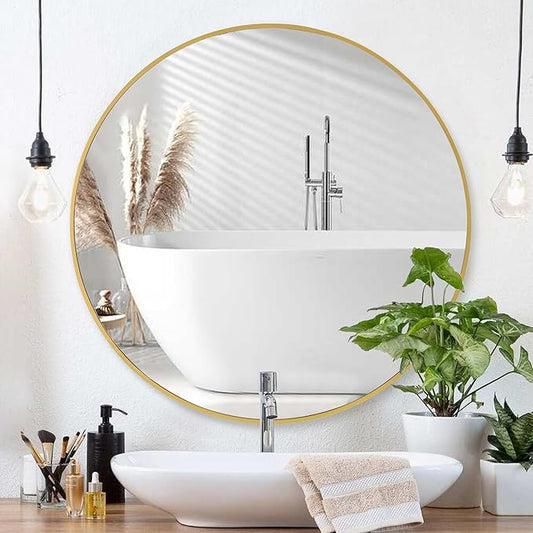 CULER Round Gold Bathroom 24 Inch Mirror,Circle Wall Modern Mirror for Bedroom,Hanging Vanity Tempered Glass Mirrors for Entryway or Living Room