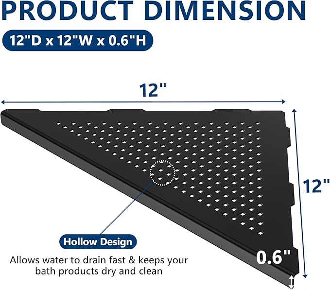 Neodrain 12 Inch Matte Black Corner Wall Shelf Set of 2, Floating Corner Shelves for Wall, 304 Stainless Steel Wall Storage Shelves for Bathroom,No Drilling