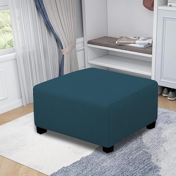 Easy-Going Stretch Square Ottoman Cover Folding Storage Stool Furniture Protector Soft Slipcover with Elastic Bottom (30x30x15inch, Deep Teal)