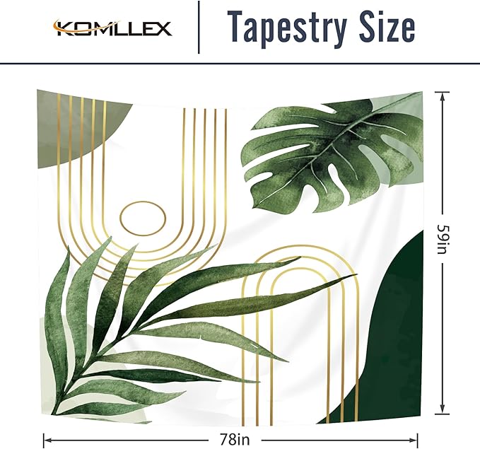 KOMLLEX Abstract Boho Mid Century Tapestry Tropical Leaves Modern Geometric Arch Minimalist Bohemian Plant Botanical Aesthetic Wall Hanging Neutral Sage Green Gold Home Decor Art for Bedroom 78Wx59H