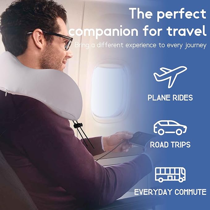 Travel Neck Pillow, Curved Ergonomic Design, Ice Silk Fabric is Comfortable and Breathable, The Pillowcase is Removable. Comes with Portable Storage Bag and Ear Plugs