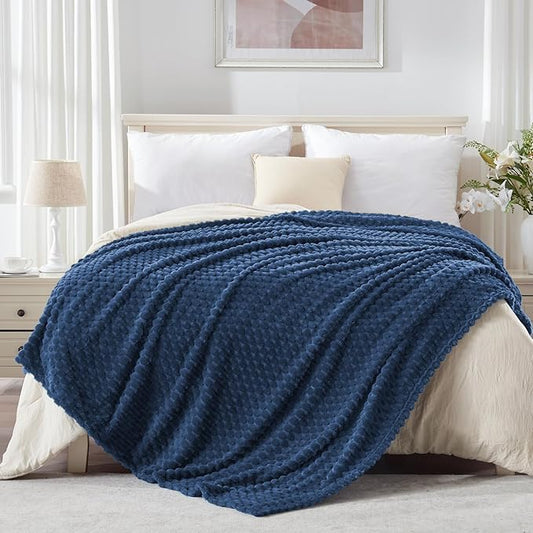 EXQ Home Fleece Blanket Queen Size for Couch or Bed - 3D Imitation Turtle Shell Jacquard Decorative Blankets - Cozy Soft Lightweight Fuzzy Flannel Blanket Suitable for All Seasons(90"×90",Dark Blue)
