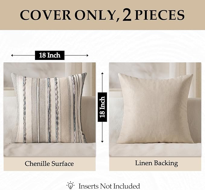 ANRODUO Pack of 2 Boho Decorative Throw Pillow Covers 18x18 Farmhouse Cushion Case Striped Chenille Pillow Cases Square Pillow Covers Accent Neutral Pillowcase for Sofa Couch Bed, Gray Stripe