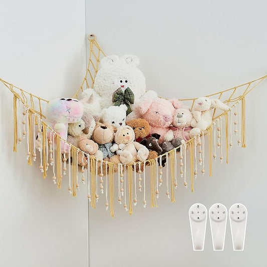 Pretty Jolly Stuffed Animal Storage Hammock with Wooden Beads Corner Hanging Net Boho Tassel for Toy Plush Holder for Kid Room Nursery Decor Wall Display Organizer for Girls Boy Gift(Yellow)
