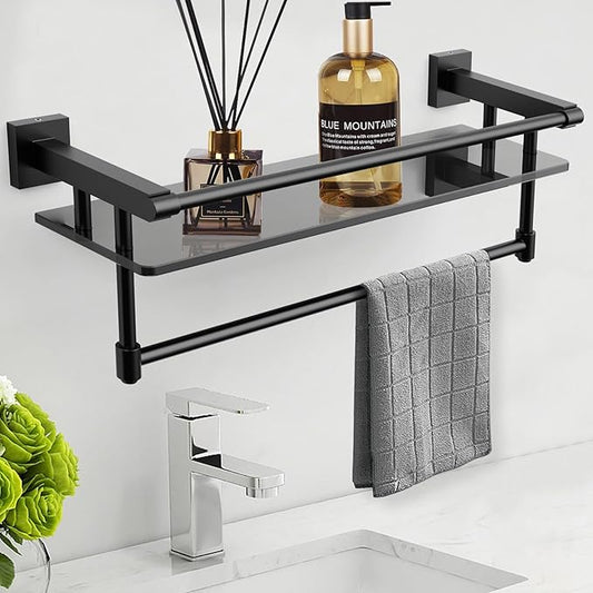 Glass Shelf for Bathroom 20 Inch Bathroom Shelves with Towel Bar Tempered Glass Shelves with Stainless Steel Towel Holder for Wall (All Matte Black)