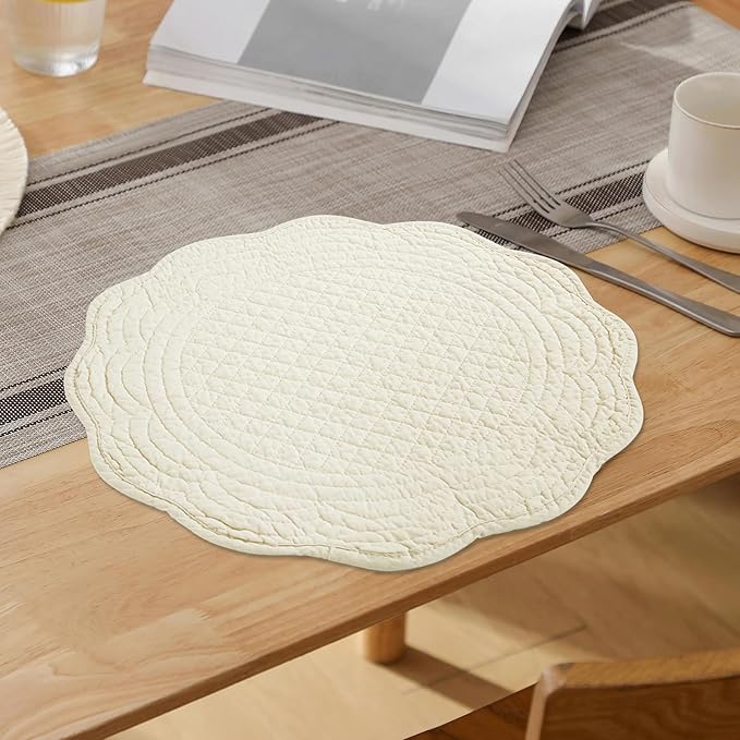 HOMBYS Quilted Placemats Set of 6 Washable Round Placemats for Kitchen Table-100% Cotton Fabric 15 Inch Round Table Mats, Cotton Fabric with Microfiber Filling, (15"x15", Flax)