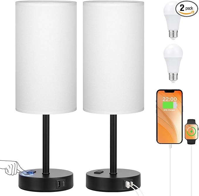 17.4inches Tall White Bedroom Lamps Set of 2-3 Way Dimmable Touch Table Lamps with USB C and A Ports, Lamps for Nightstand with AC Outlet, Desk Lamps with Black Base for Office