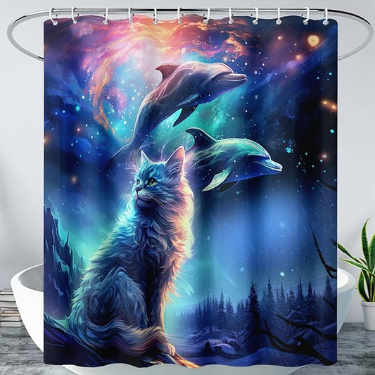 AILONEN 3D Kawaii Cat Shower Curtain Set,Cat Lovers Animal Waterproof Fabric Bath Curtain for Kids Girls,Jumping Dolphin Shower Curtain,Starry Night Shower Curtains for Bathroom Decor, 48" W*72" H