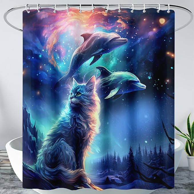 AILONEN 3D Kawaii Cat Shower Curtain Set,Cat Lovers Animal Waterproof Fabric Bath Curtain for Kids Girls,Jumping Dolphin Shower Curtain,Starry Night Shower Curtains for Bathroom Decor, 72" W*84" H
