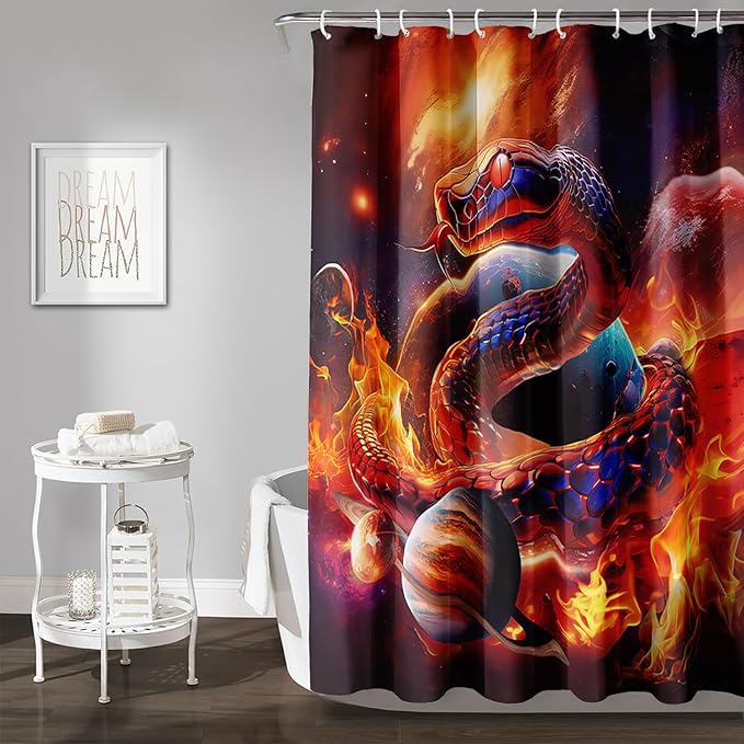 AILONEN 3D Snake Shower Curtain for Boys,Flame Fire Planet Snake Bath Curtain for Bathroom Decor,Safari Animal Polyester Waterproof for Shower, 36" W*72" H with 12 Plastic Hooks