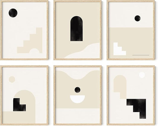 HAUS AND HUES Boho Prints Neutral Wall Art - Set of 6 Mid Century Modern Artwork, Bohemian Posters and Prints, Wall Art Mid Century, Modern Bohemian Posters (Beige Frame, 8x10)