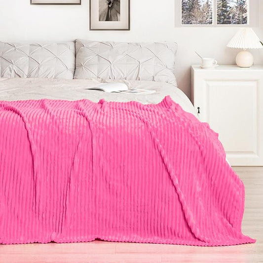 Vessia Flannel Fleece Twin Blanket for Couch,Sofa,Bed, 300GSM Striped 60x80 inch Hot Pink Blanket for Adults and Kids, Super Soft Warm Cozy Lightweight Ribbed Throw for All-Season