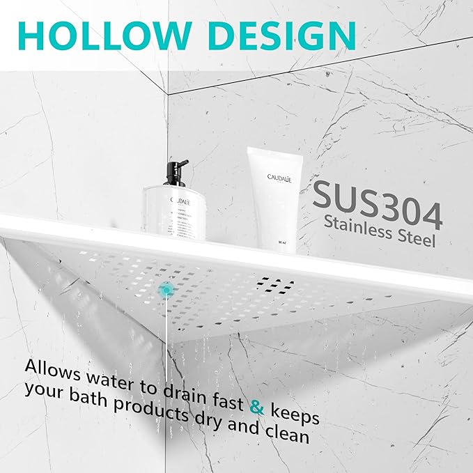 Bathroom Corner Shelf, Recessed 12" Shower Shelf Caddy, SUS304 Stainless Steel Shelf Wall Mount Triangular, No Drilling, Matte White