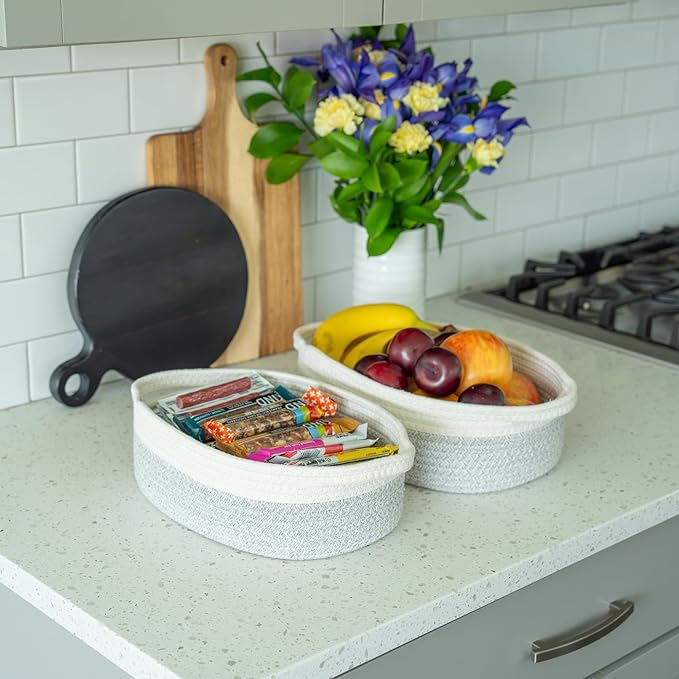 OrganiHaus Set of 5 Rectangle Bathroom Storage Baskets for Organizing, Small Woven Baskets for Storage Basket for Bathroom, Nursery Storage Basket for Baby Nursery Organization, Cute Bins, Gray/White