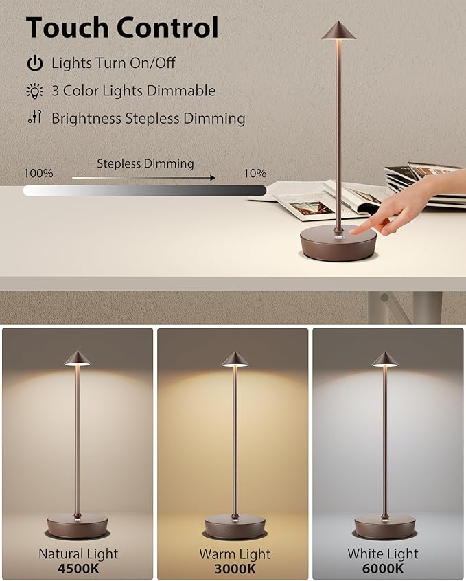 Cordless Table Lamps Rechargeable, 6000mAh Battery Operated LED Desk Lamp Outdoor Waterproof Portable Touch Dimmable Table Night Light for Patio Restaurant Dining Home Set of 2 Rust