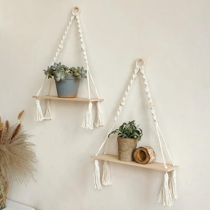 Artilady 2 Pack Wooden Wall Hanging Shelves - Boho Floating Shelves White Macrame Plant Shelf Adjustable Storage Rack Rustic Wall Decor for Bedroom Living Room Nursery