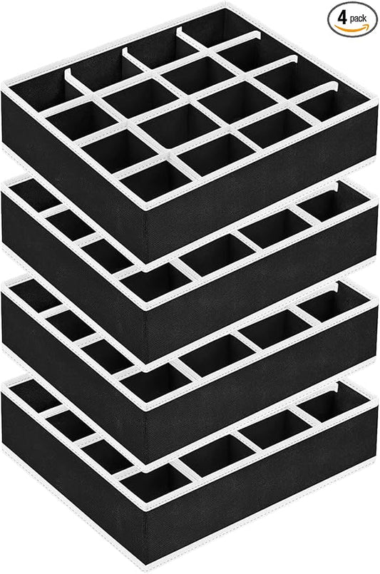Joyoldelf Sock Drawer Organizer Divider Underwear Organizer 16-cell Fabric Dresser Drawer Organizers Storage Boxes for Socks Lingerie, Handkerchiefs, Ties 4 Pack (Black)
