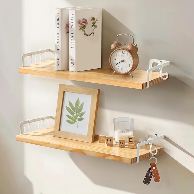 Gronda Floating Shelves for Wall Storage Shelf with White Brackets for Bathroom Kitchen Laundry Over Toilet Wooden Hanging Organizer Rustic Boho Decor for Bedroom Living Room, Set of 2