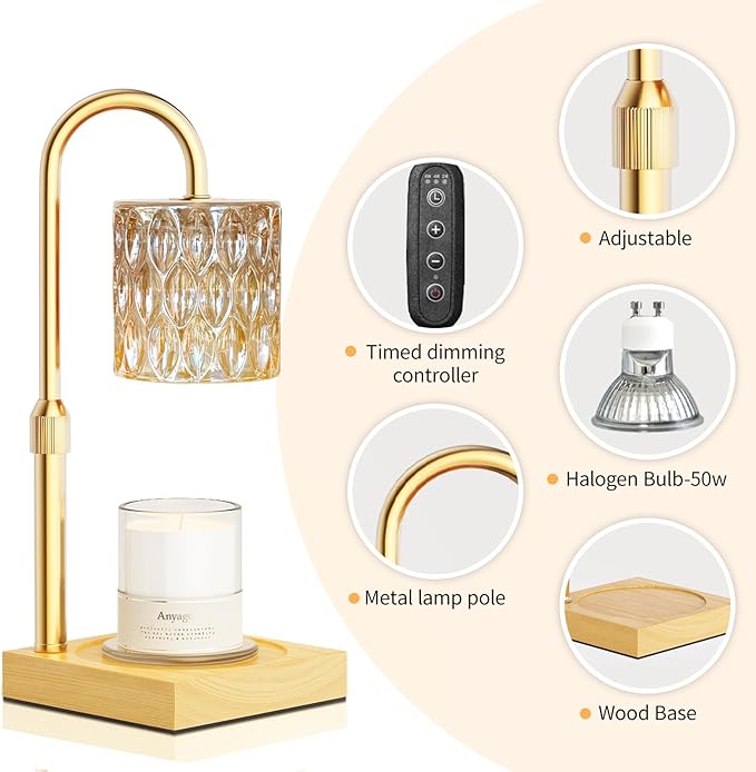 Candle Warmer Lamp with Timer and Dimmer, House Warming Gifts New Home Decor, Adjustable Height with 2 Bulbs(Amber)