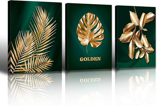 JiazuGo 3Pcs Emerald Green and Gold Canvas Prints - Tropical Botanical Wall Art for Bathroom Bedroom Decor, Mid Century Modern Vintage Room Decorations, Framed Plant Pictures