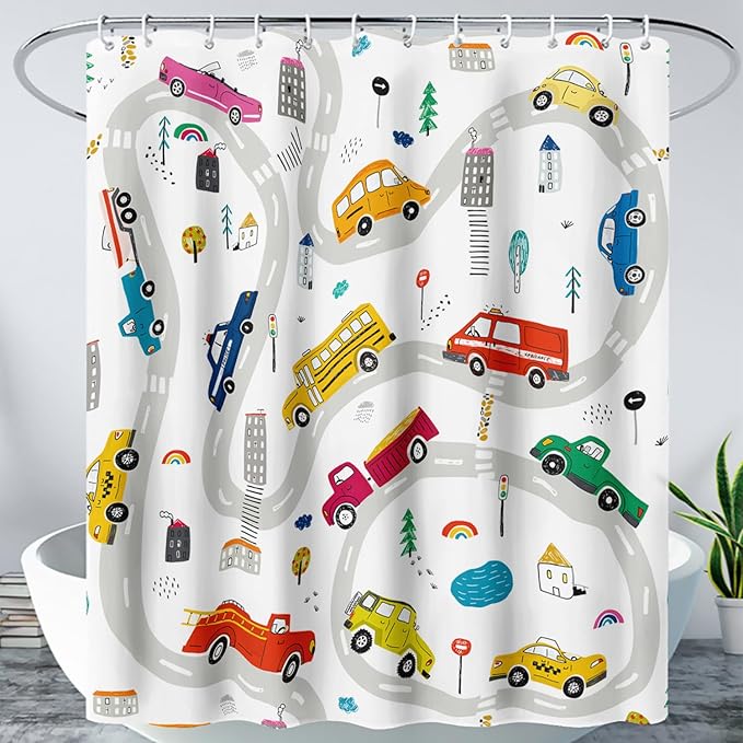 AILONEN Construction Shower Curtain, Truck Fire Engine Police Car Bath Curtain for Kids Boys,Red Yellow Blue Truck Car Bathroom Decor Waterproof Fabric 48" W*72" H Inch with 12 Plastic Hooks