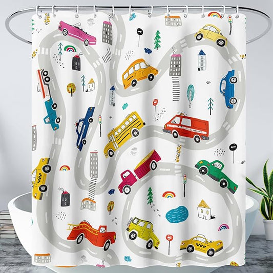 AILONEN Construction Shower Curtain, Truck Fire Engine Police Car Bath Curtain for Kids Boys,Red Yellow Blue Truck Car Bathroom Decor Waterproof Fabric 72" W*84" H Inch with 12 Plastic Hooks