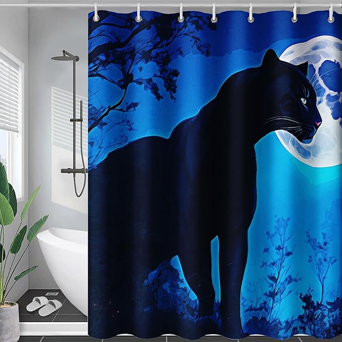 AILONEN Black Panther Shower Curtain,Evening Moon Leopard Bath Curtain for Women,Wildlife Cheetah Polyester Waterproof for Bathroom,72" W*96" H with 12 Plastic Hooks