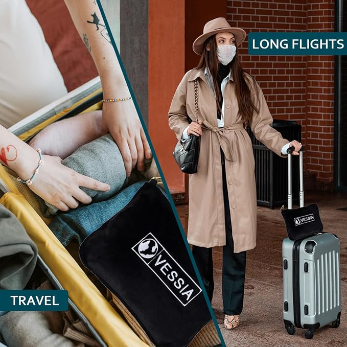 Vessia Travel Blanket for Airplane, Train and Car, Warm and Soft Travel Blanket and Pillow 2 in 1 for Adults and Kids, Portable Compact Long Flight Blanket with Luggage Sleeve, Backpack Clip(Black)