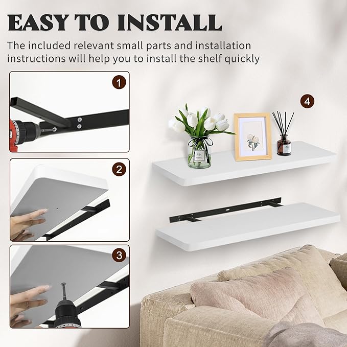 Floating Shelves for Wall, Wood Shelves with Invisible Brackets for Bathroom, Living Room, Bedroom and Kitchen, Long Wall Shelf for Books/Storage/Room Decor, 36 Inch, Set of 2, White