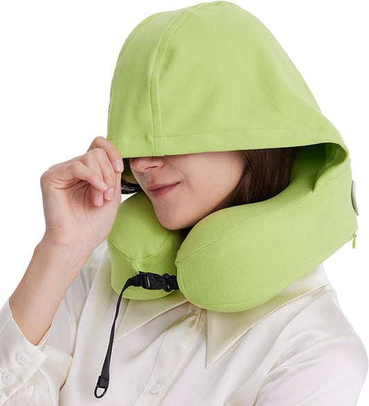 Travel Pillow with Hood for Airplane, 100% Pure Memory Foam Hooded Neck Pillow for Traveling, Car, Office, Soft, Machine Washable, Easy Storage, Green