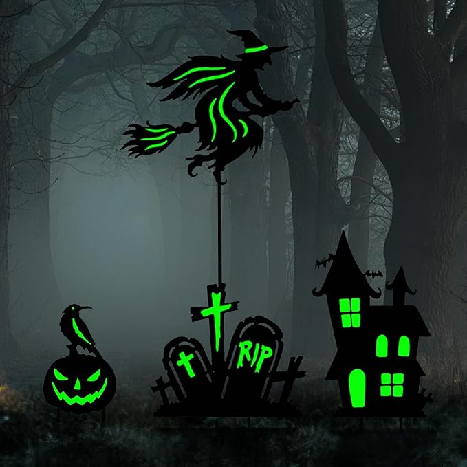 BRIGHTDECK Halloween Outdoor Yard Decorations, Set of 3 Glow in The Dark Witch Broom Fluorescent Waterproof Metal Stakes for Lawn Garden Halloween Decor (Flying Witch Tombstone Pumpkin Haunted House)
