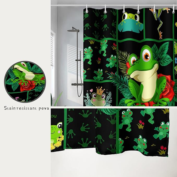 AILONEN Cartoon Frog Shower Curtain 60" W*72" H,Funny Frog Cartoon Green Animal Shower Curtain,Frog Lover Curtain Bathroom Decor Shower Curtain with 12 Hooks
