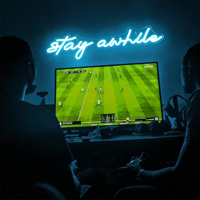 Stay Awhile Neon Signs - IMEGINA Dimmable LED Bar Neon Sign for Wall Decor 19.7x5 Inch, USB Powered Cool Neon Light for Bedroom Home Room Pub Party, Birthday Christmas Gift (Ice Blue)