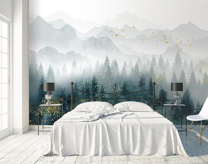 Foggy Pine Tree Forest Wallpaper and Gold Mural for Bedroom (Not Peel and Stick)