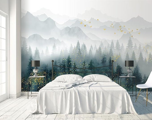 Foggy Pine Tree Forest Wallpaper and Gold Mural for Bedroom (Not Peel and Stick)