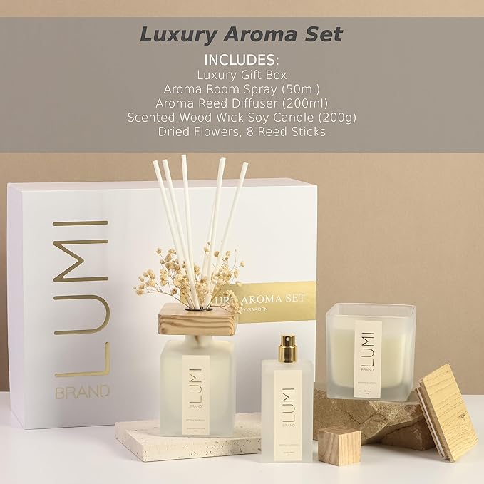 Luxury Aroma Set | Scented Reed Diffuser (200ml), Scented Wood Wick Soy Candle (200g), Aroma Room Spray (50ml), Includes Dried Flowers, 8 Reed Sticks - Home Fragrance Gift Set (Peony Garden)